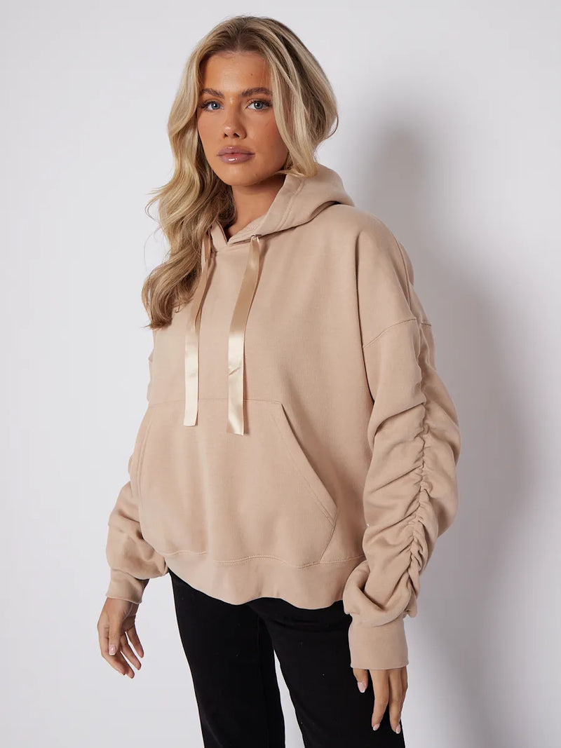 Stone Ribbon Drawstring Ruched Sleeves Fleeced Hoodie