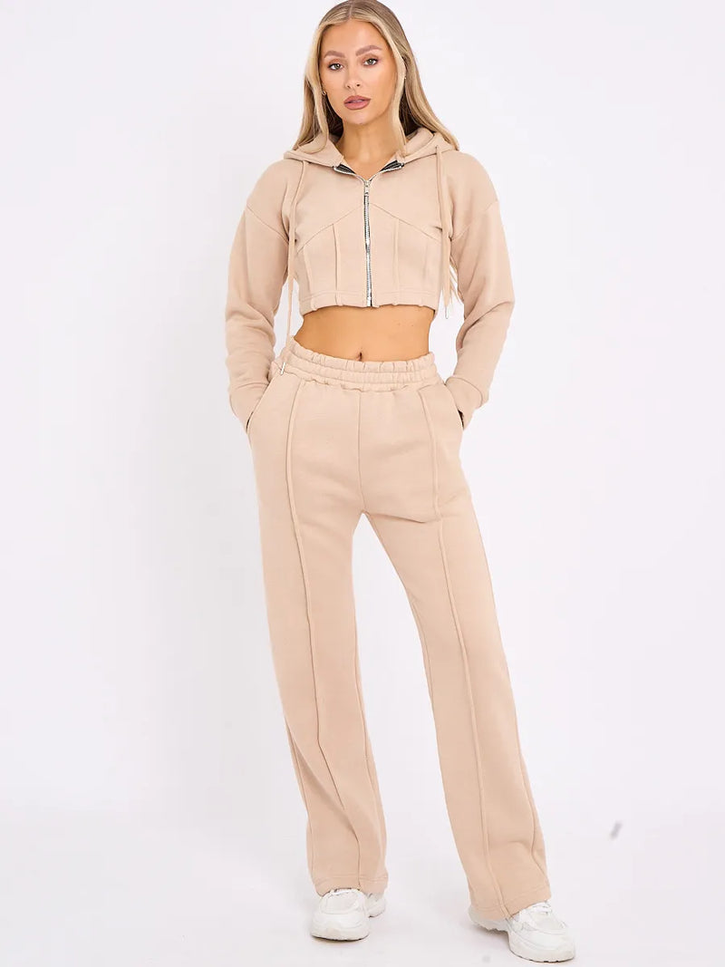 Stone Zip Up Cropped Hoodie & Wide Leg Joggers Loungewear Set