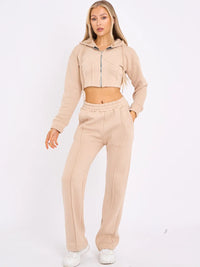 Stone Zip Up Cropped Hoodie & Wide Leg Joggers Loungewear Set