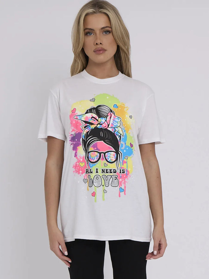 White All I Need Is Love Graphic Printed T-Shirt