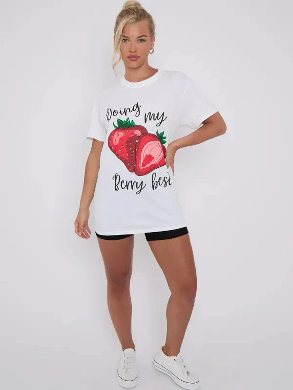 White Doing My Berry Best Graphic Printed T-Shirt