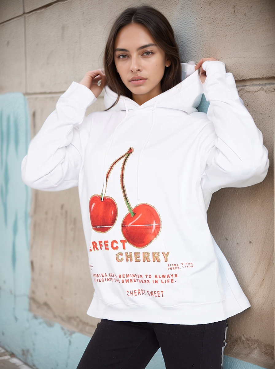 White Perfect Cherry Graphic Print Hoodie