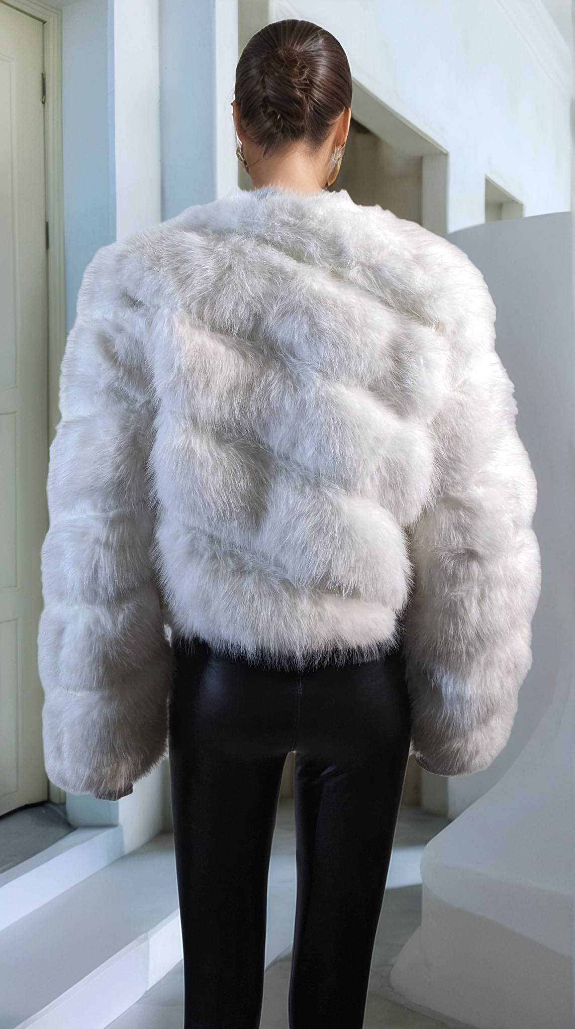 White Thick Faux Fur Paneled Layered Jacket