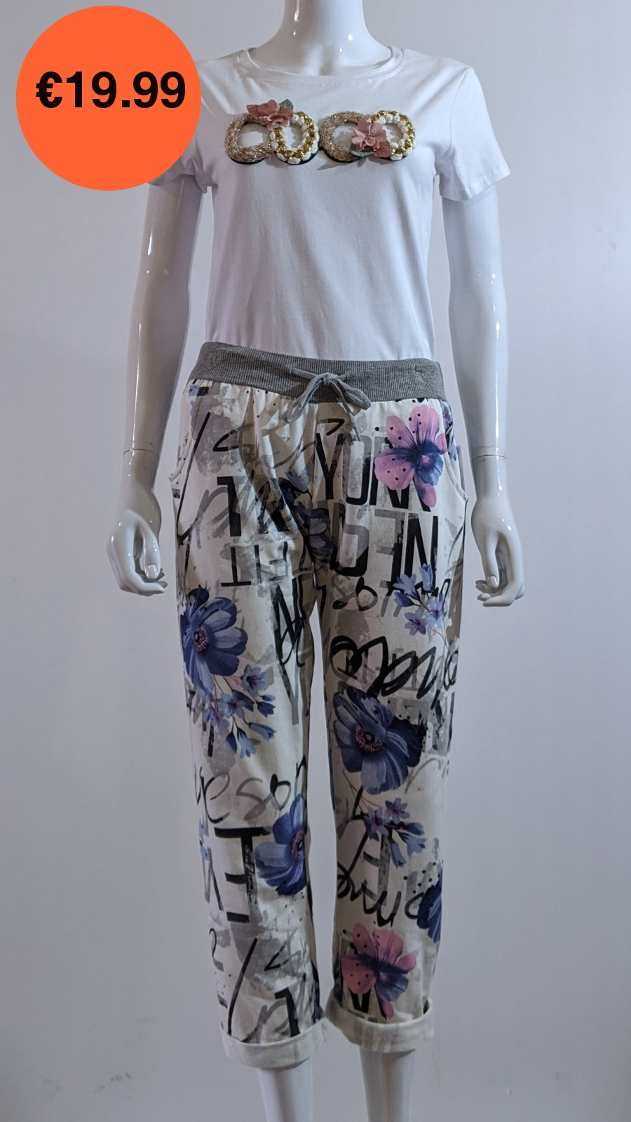 Cream Floral Print Pattern Trouser