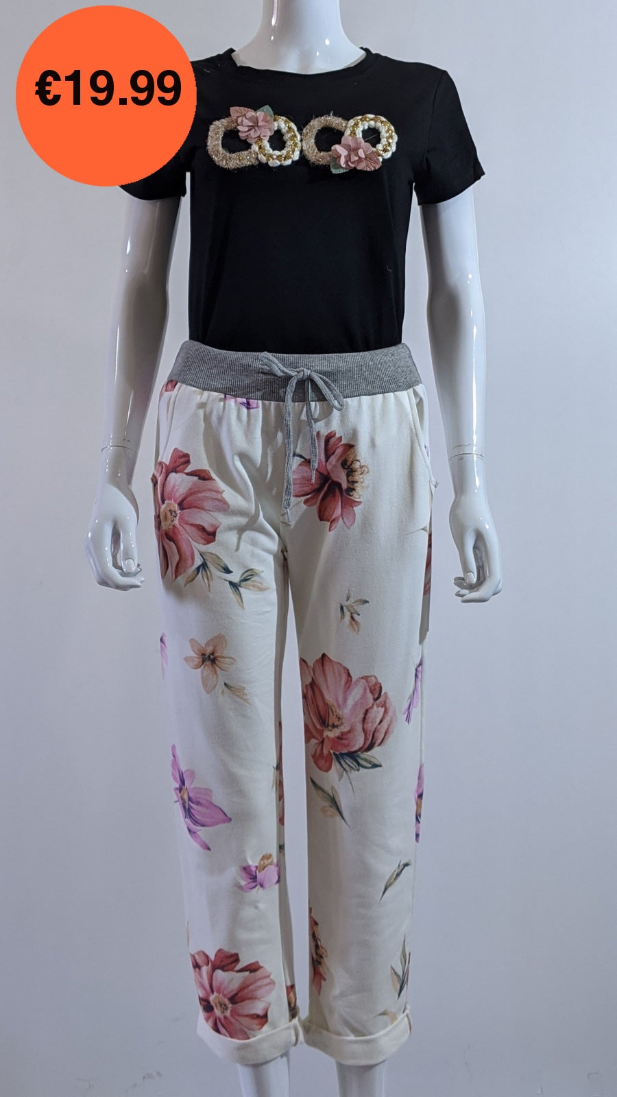 Cream Pink Floral Print Trouser