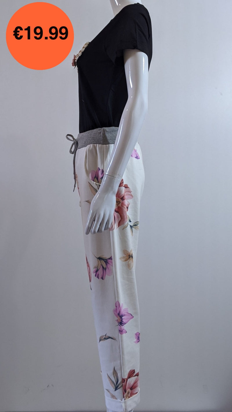 Cream Pink Floral Print Trouser