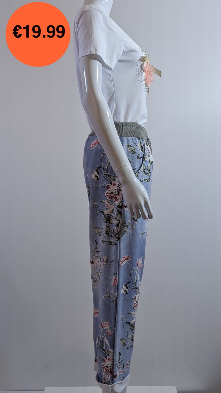 Denim Floral Print Trouser