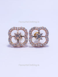 Gold Diamond Clover Shape Stud Earrings