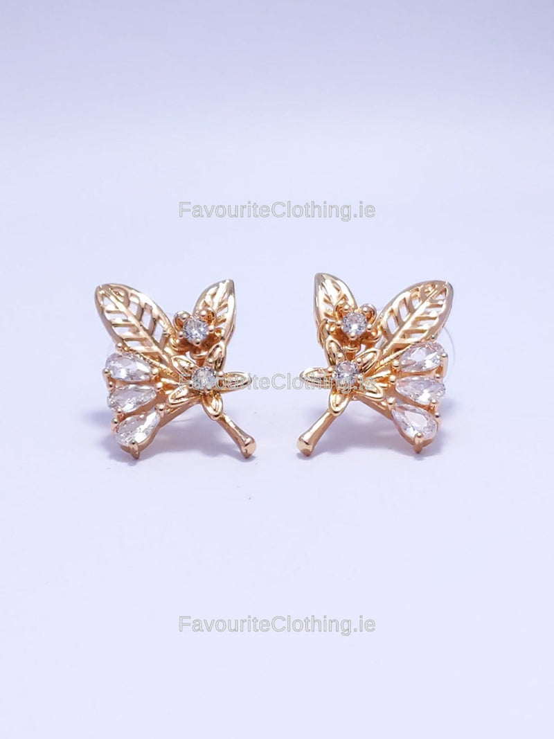 Gold Diamond Leaf Design Stud Earrings