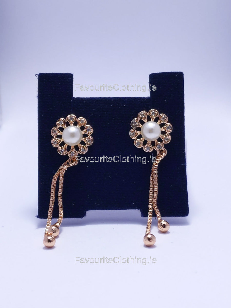 Gold Pearl Flower Detail Drop Earrings