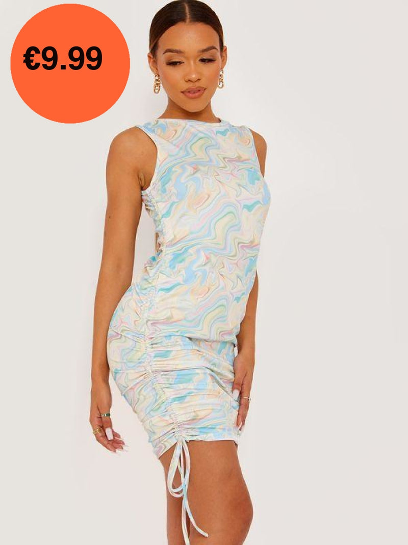 Multi Marble Print Sleeveless Ruched Dress