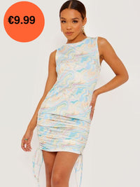 Multi Marble Print Sleeveless Ruched Dress