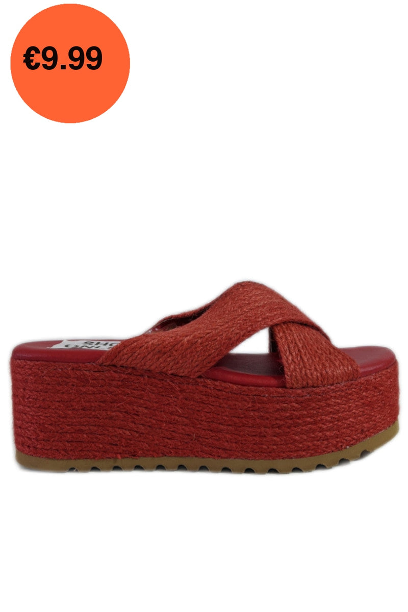 Red Jute Platform Crossover Mule Sandals