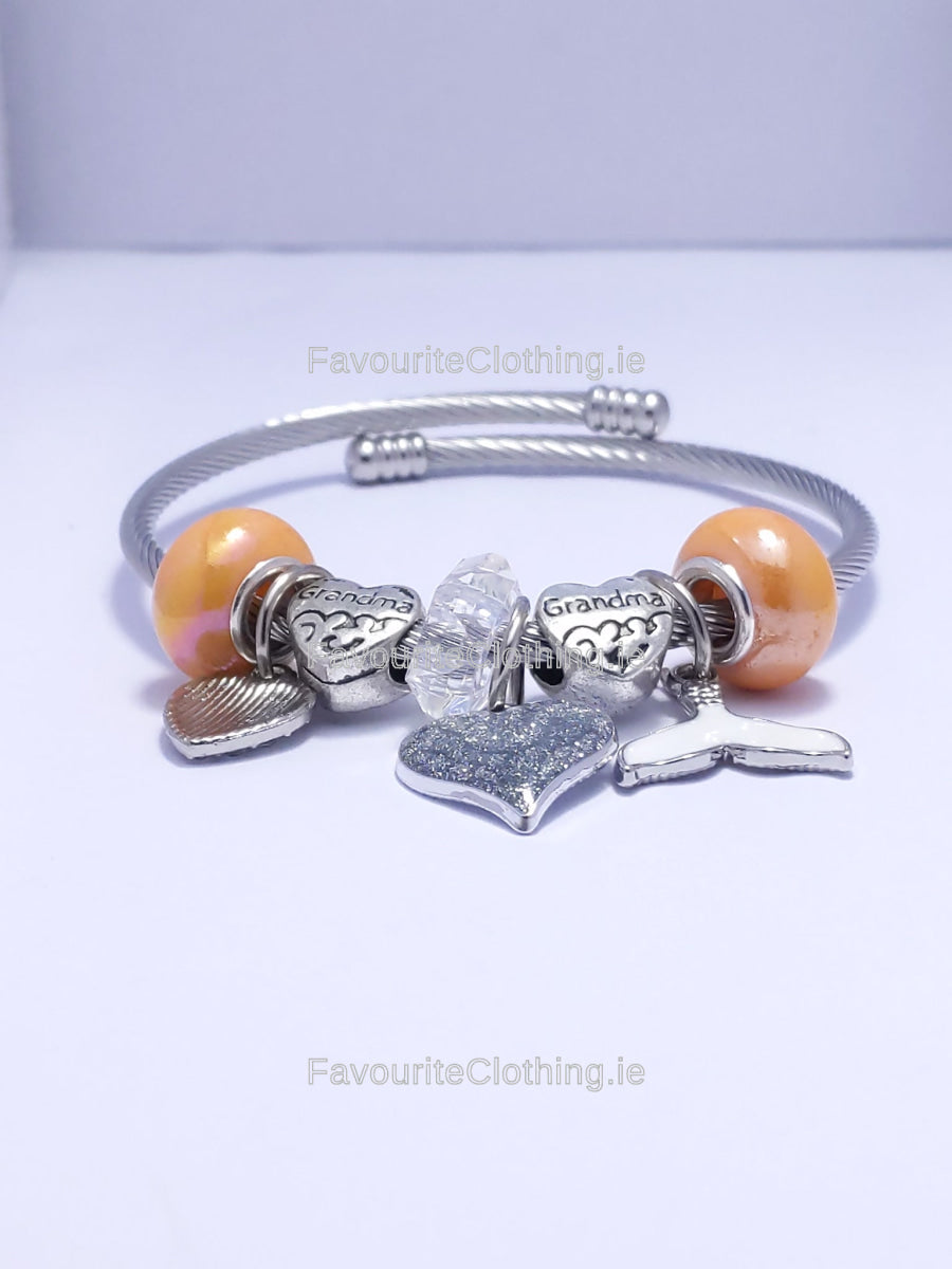 Silver Orange Heart Grandma Charm Bracelet