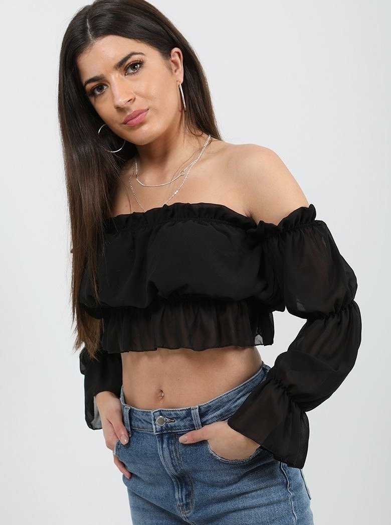 Black Off Shoulder Ruched Frill Crop Top