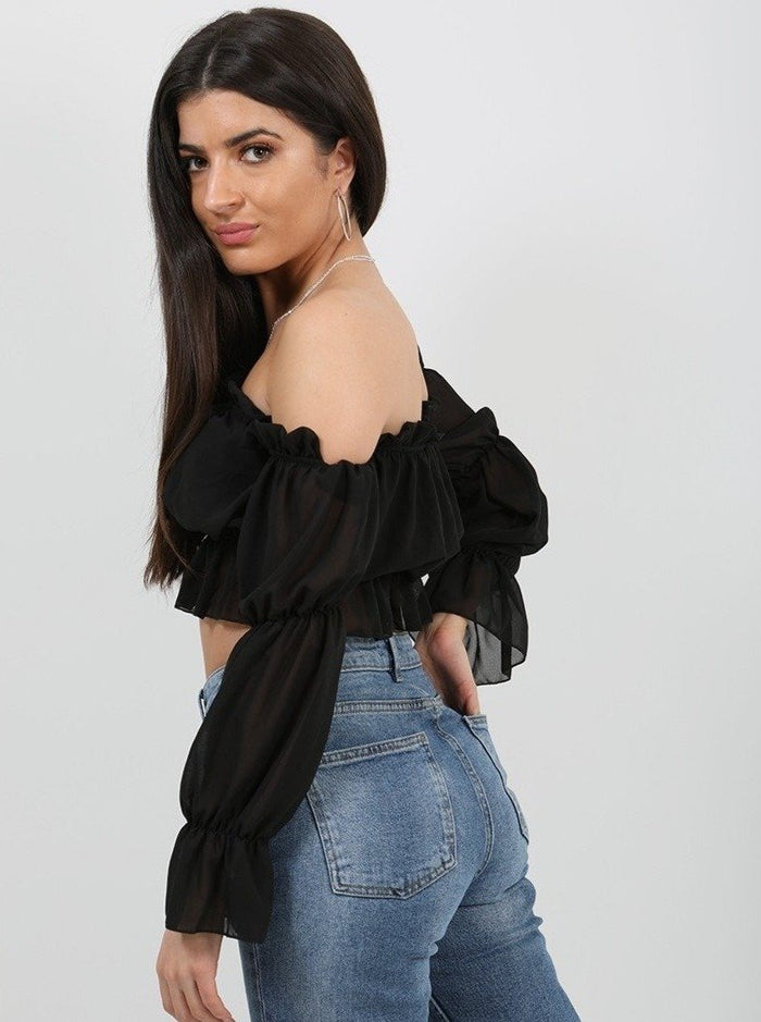 Black Off Shoulder Ruched Frill Crop Top