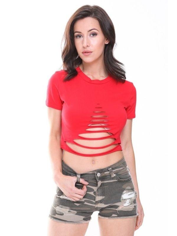 Red Cut Slashed Crop Top