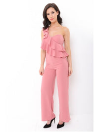 Blush Pink One Shoulder Frill Jumpsuit