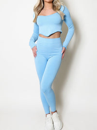 Blue Dip Front Top & High Waist Leggings Seamless Ribbed Set