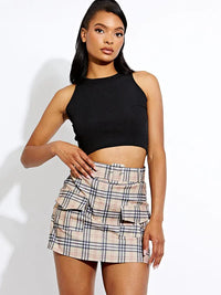 Beige Check Print Cargo Skort With Matching Belt