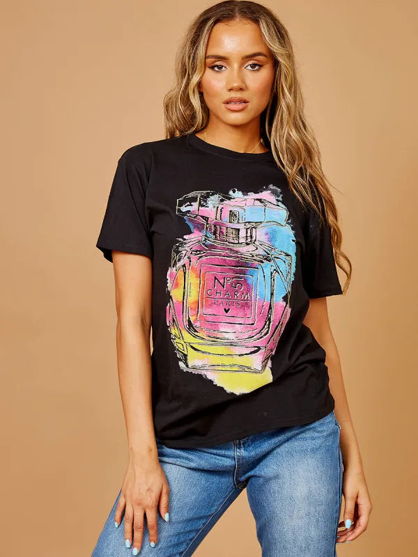 Black Colourful Perfume Graphic Glitter Detail T-Shirt