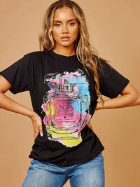 Black Colourful Perfume Graphic Glitter Detail T-Shirt