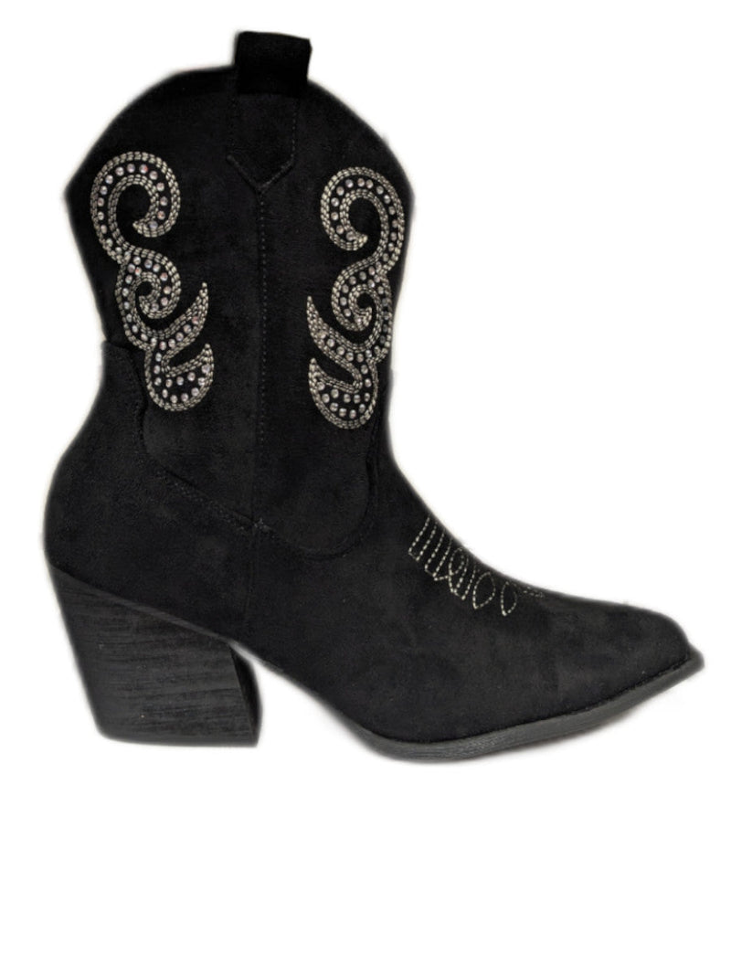 Black Diamante Embellished Cowboy Boots with Low Flat Heel