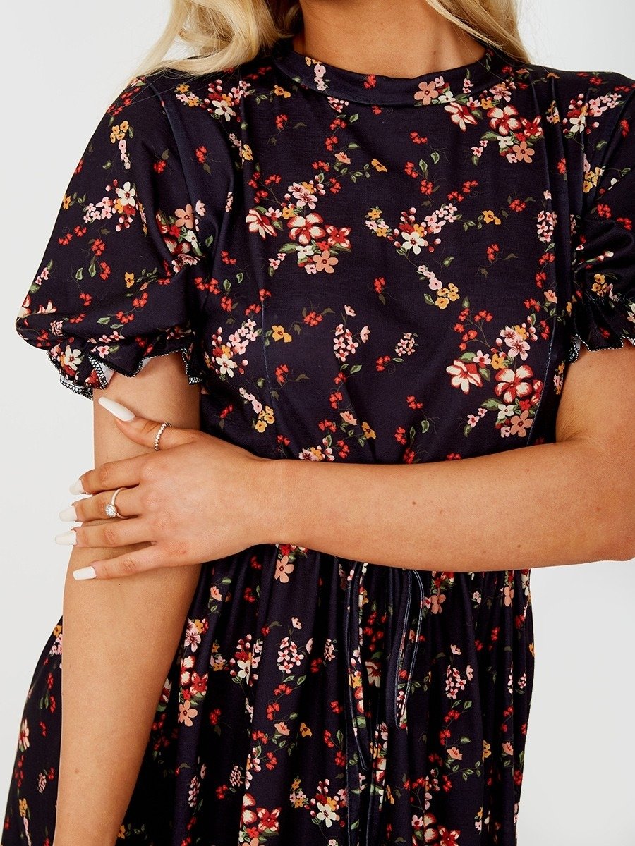 Black Floral Print Tie Knot Dress