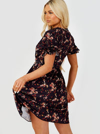 Black Floral Print Tie Knot Dress