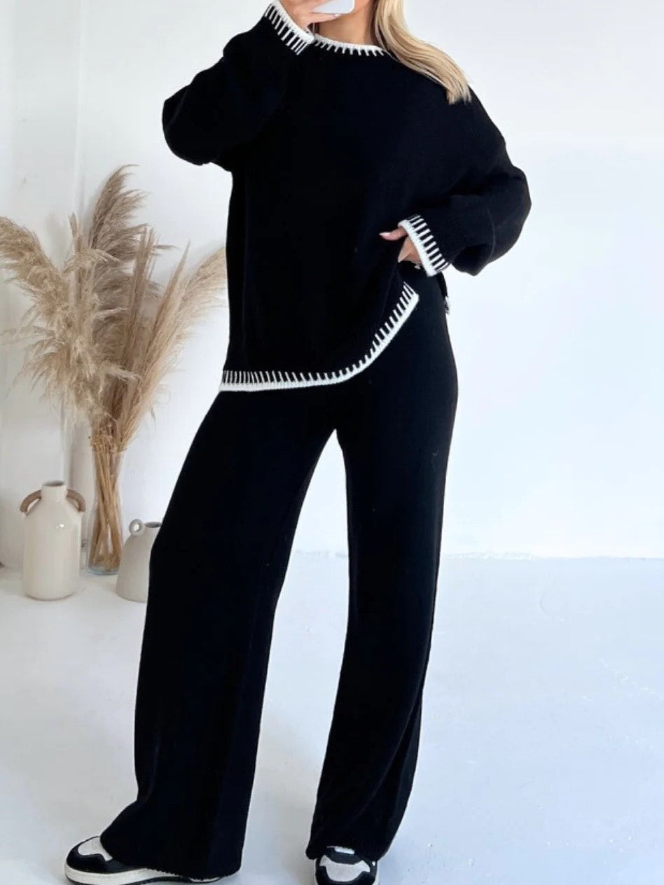 Black Jumper & Trousers Knitted Loungewear Trim Two Piece Co-ord Set