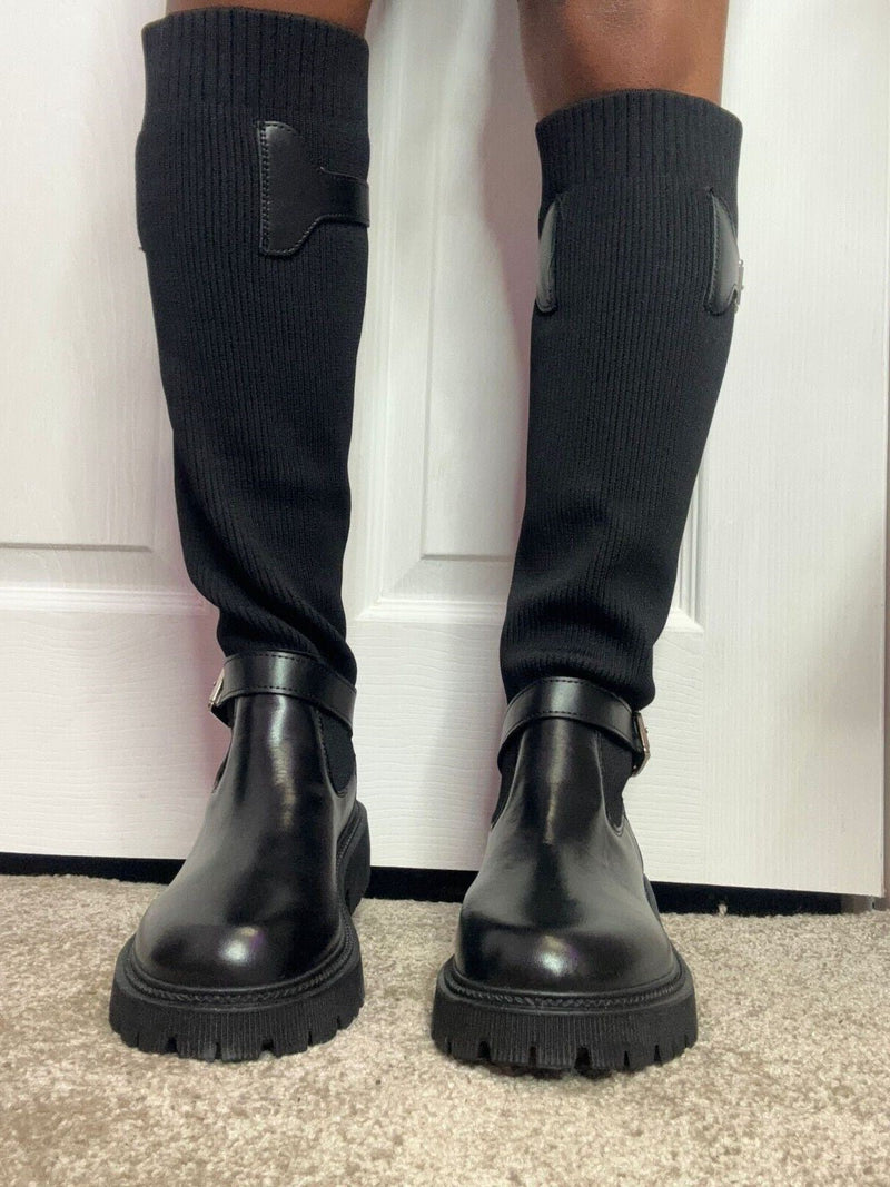 Black Knee High Buckle Detail Sock Chunky Boots