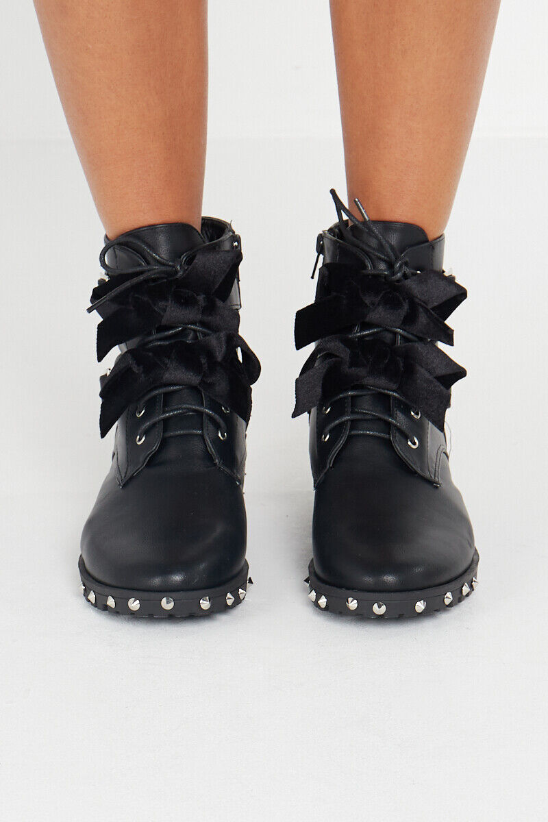 Black Lace Up Studded Buckle Biker Boots