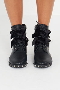 Black Lace Up Studded Buckle Biker Boots