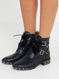 Black Lace Up Studded Buckle Biker Boots