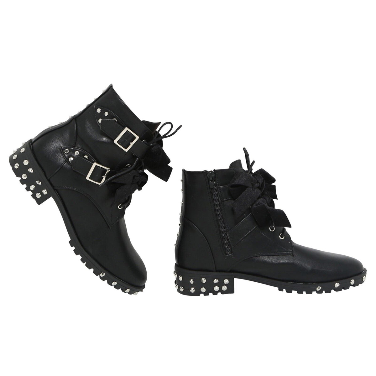 Black Lace Up Studded Buckle Biker Boots