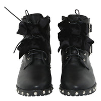 Black Lace Up Studded Buckle Biker Boots