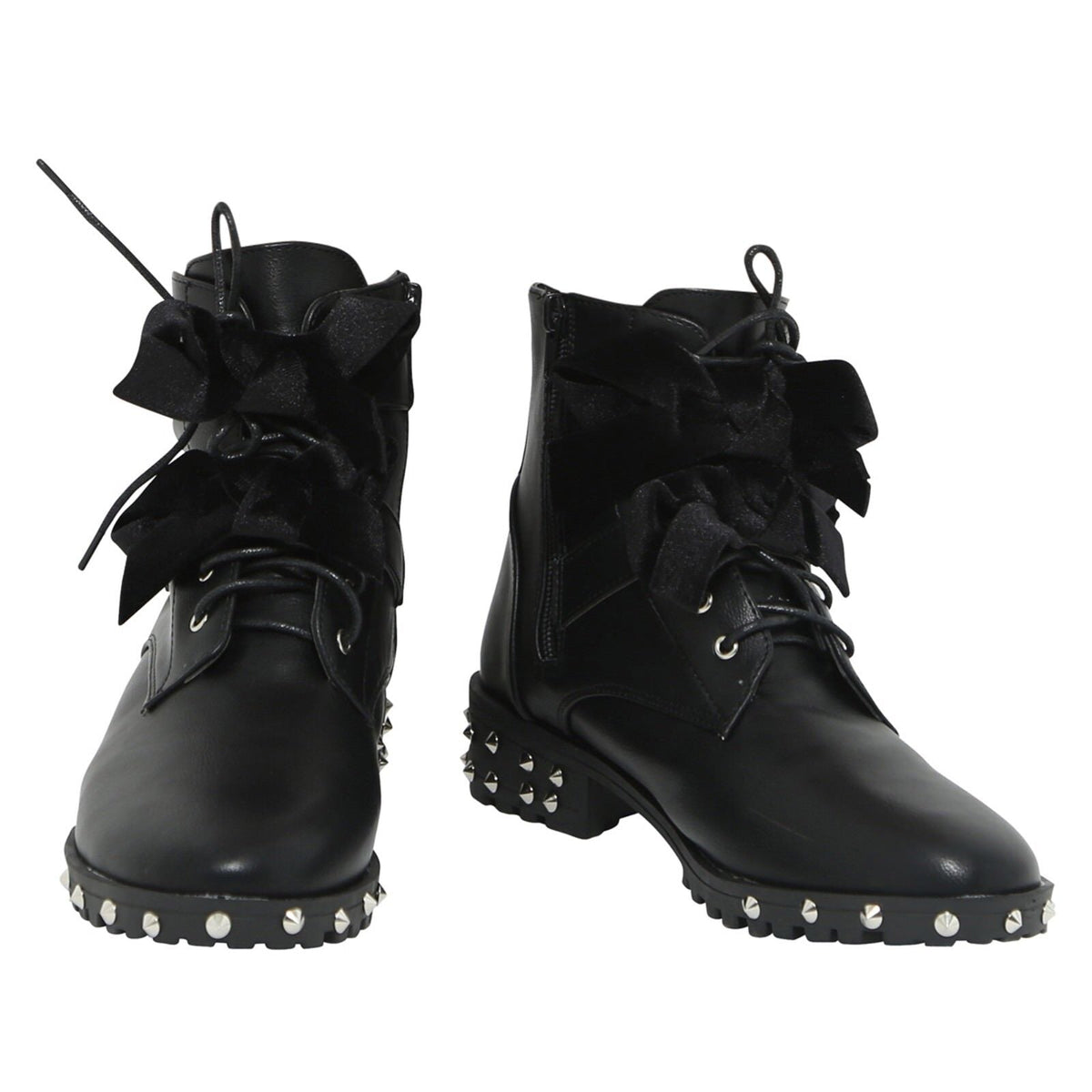 Black Lace Up Studded Buckle Biker Boots