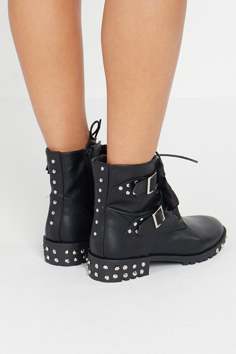 Black Lace Up Studded Buckle Biker Boots