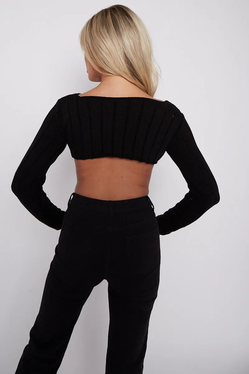 Black Long Sleeves Asymmetric Dip Hem Ribbed Knit Crop Top