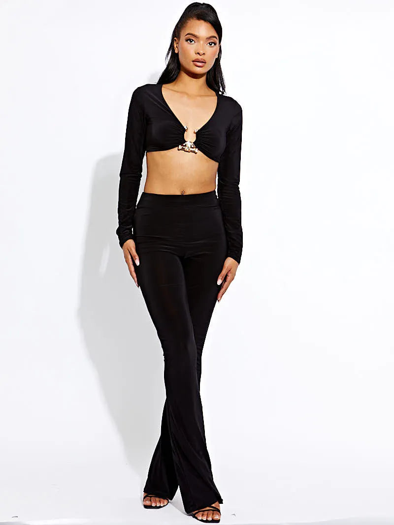 Black Long Sleeves Ring Detail Crop Top & Flare Trousers Co-ord Set