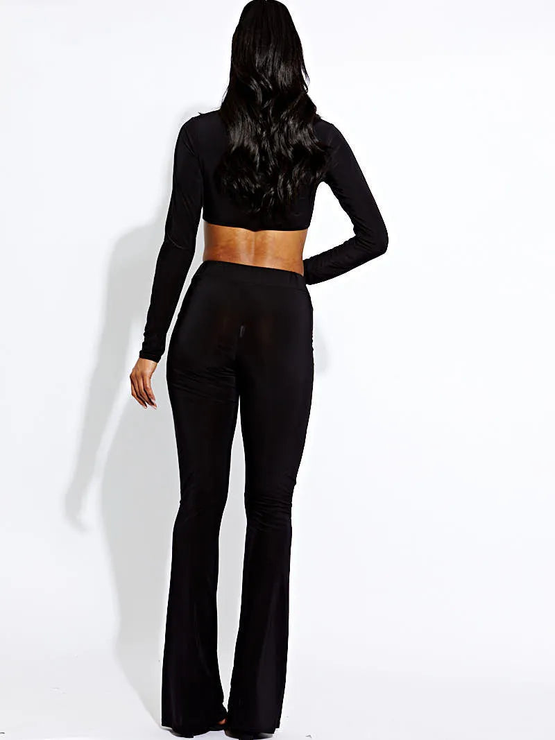 Black Long Sleeves Ring Detail Crop Top & Flare Trousers Co-ord Set