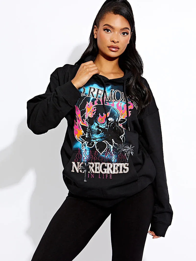 Black No Remorse Skull Graphic Print Hoodie