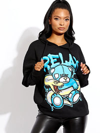 Black Relax Snake Teddy Bear Graphic Print Oversized Hoodie