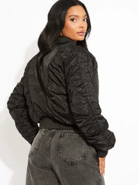 Black Ruched Sleeves Zipped Bomber Jacket