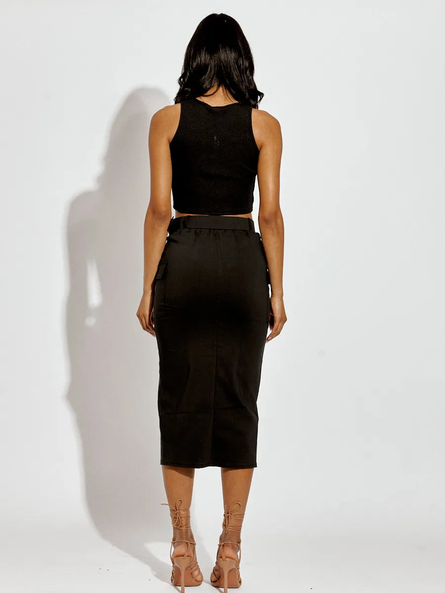 Black Slit Cargo Style Midi Skirt With Matching Belt