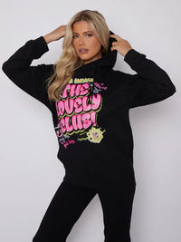 Black The Lovely Club Graphic Print Oversized Hoodie