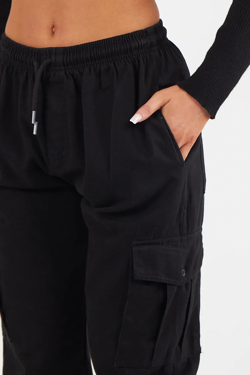 Black Twill Pocket Cargo Combat Trousers