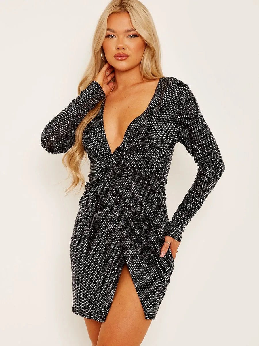 Black Twist Front Lurex Sequin Bodycon Dress