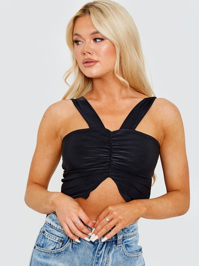 Black V-Neck Strap Ruched Crop Top 