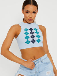 Blue Argyle Print Ribbed Tank Crop Top